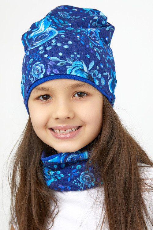 Комплект Цветы-Синий (шапка+снуд) детский