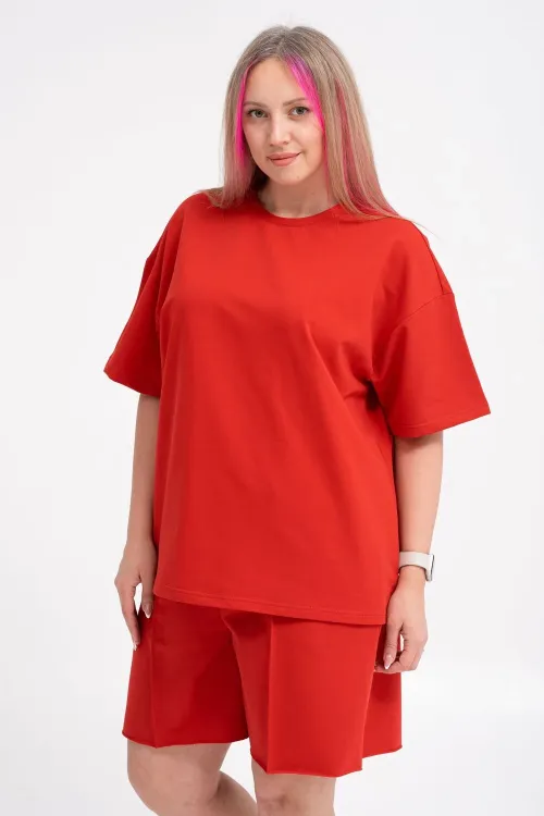 Костюм с шортами женский 580491, футер 2-х нитка, красный, размеры 48-56