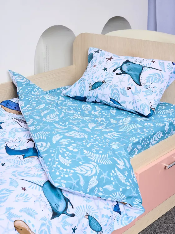 Постельное белье детское поплин с простыней на резинке - Киты