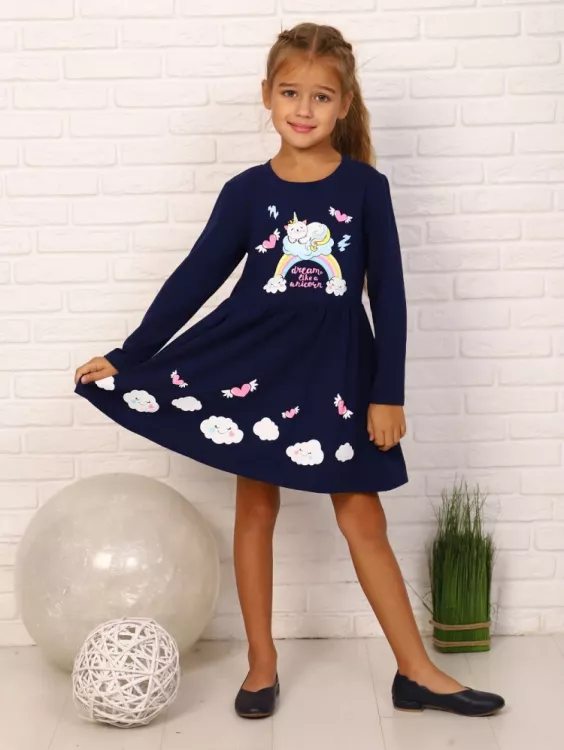 Платье детское В облаках дл. рукав темно-синий последний размер