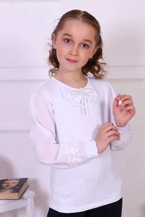 Блузка Муза длинный рукав детская, кулирка с лайкрой, белый, размеры 140-164