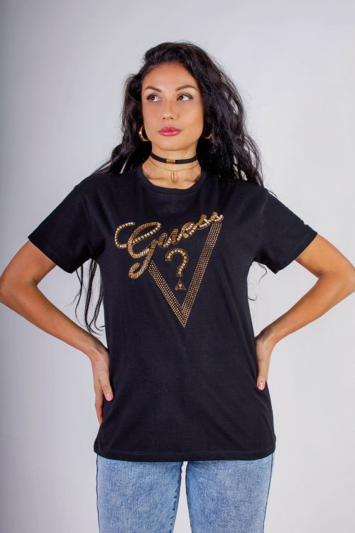 Футболка "Guess" с треугольником стразы, камешки, бусины