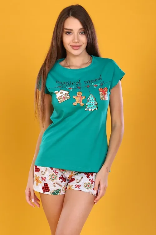 Костюм с шортами женский 679894, кулирка, зеленый, размеры 52-56