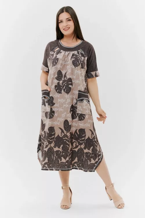 Платье 9136 монстеры коричневые последний размер