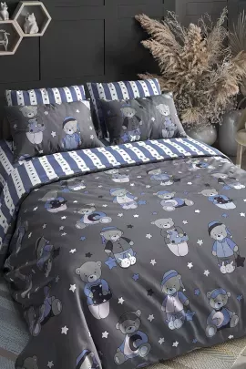 Постельное белье детское поплин с простыней на резинке - Мишки, цвет синий
