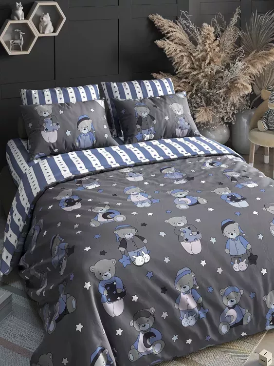Постельное белье детское поплин с простыней на резинке - Мишки, цвет синий