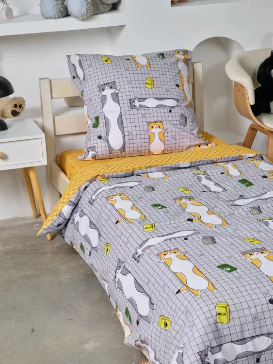 Постельное белье детское поплин без молнии с 1 наволочкой - Кот-батон