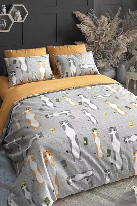 Постельное белье детское поплин с простыней на резинке - Кот-батон