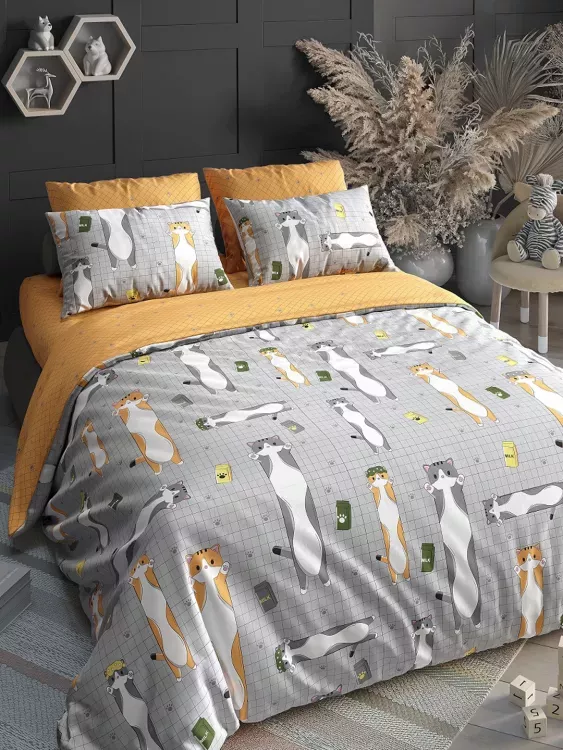 Постельное белье детское поплин с простыней на резинке - Кот-батон