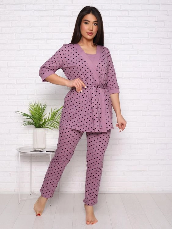 Комплект Горошинки (лиловый) пеньюар+топ+брюки